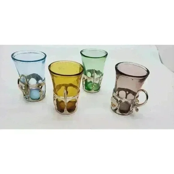 Vintage California Souvenir Shot Glasses Silver Handled Holders Set Of 4 1950s - Picture 5 of 14